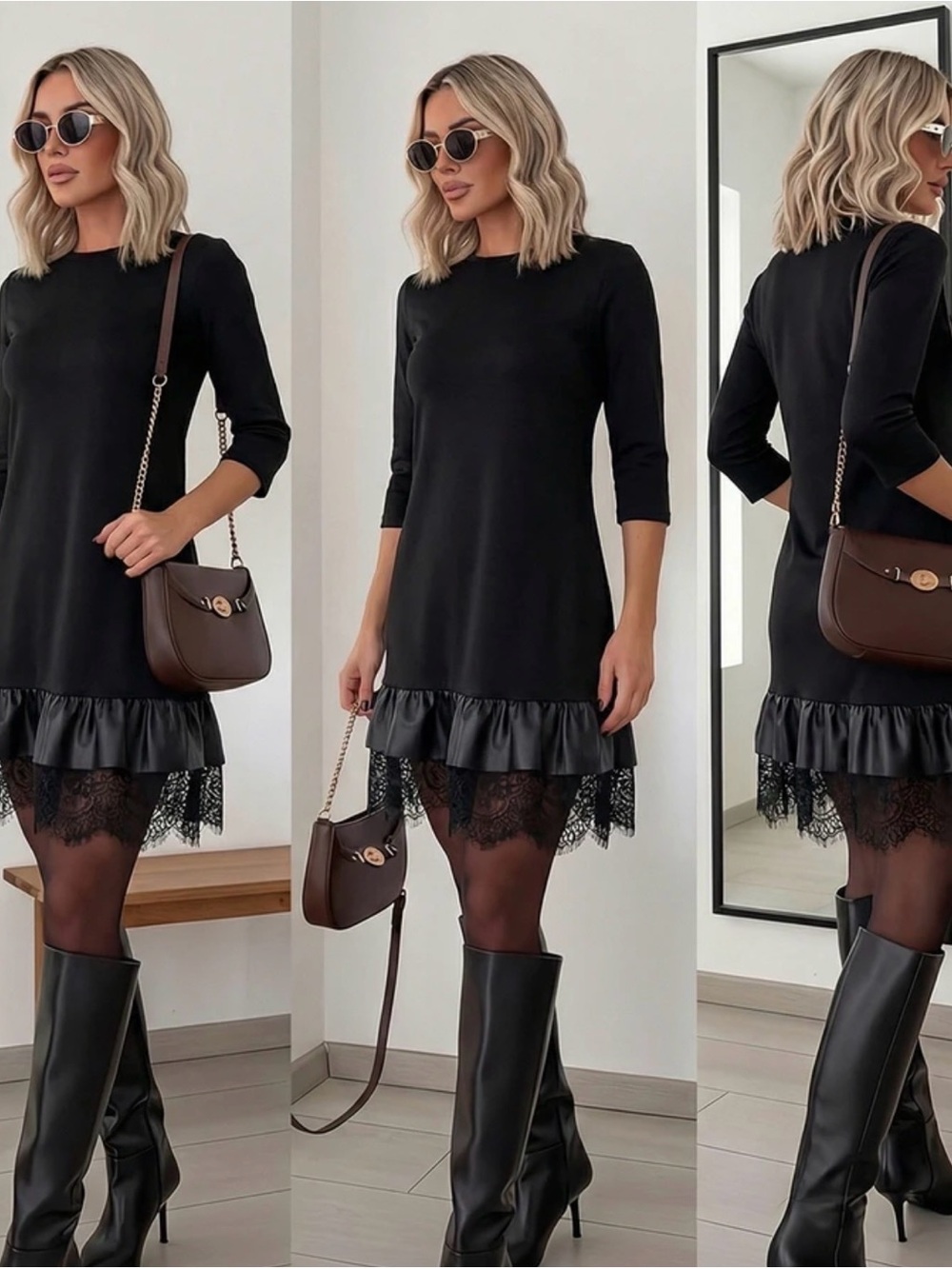 Black Lace-Trim Mini Dress with Ruffle Hem